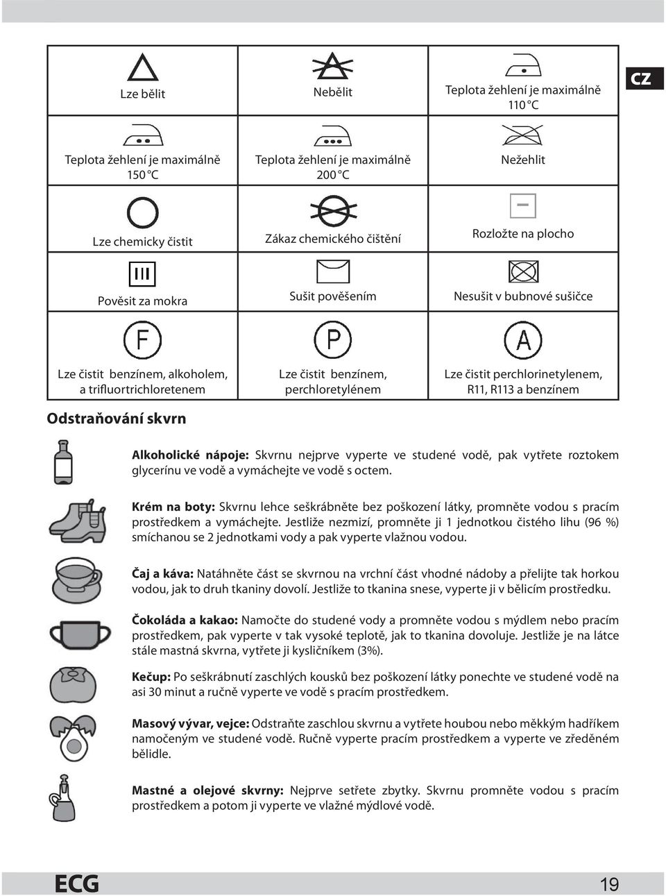 perchlorinetylenem, R11, R113 a benzínem Alkoholické nápoje: Skvrnu nejprve vyperte ve studené vodě, pak vytřete roztokem glycerínu ve vodě a vymáchejte ve vodě s octem.