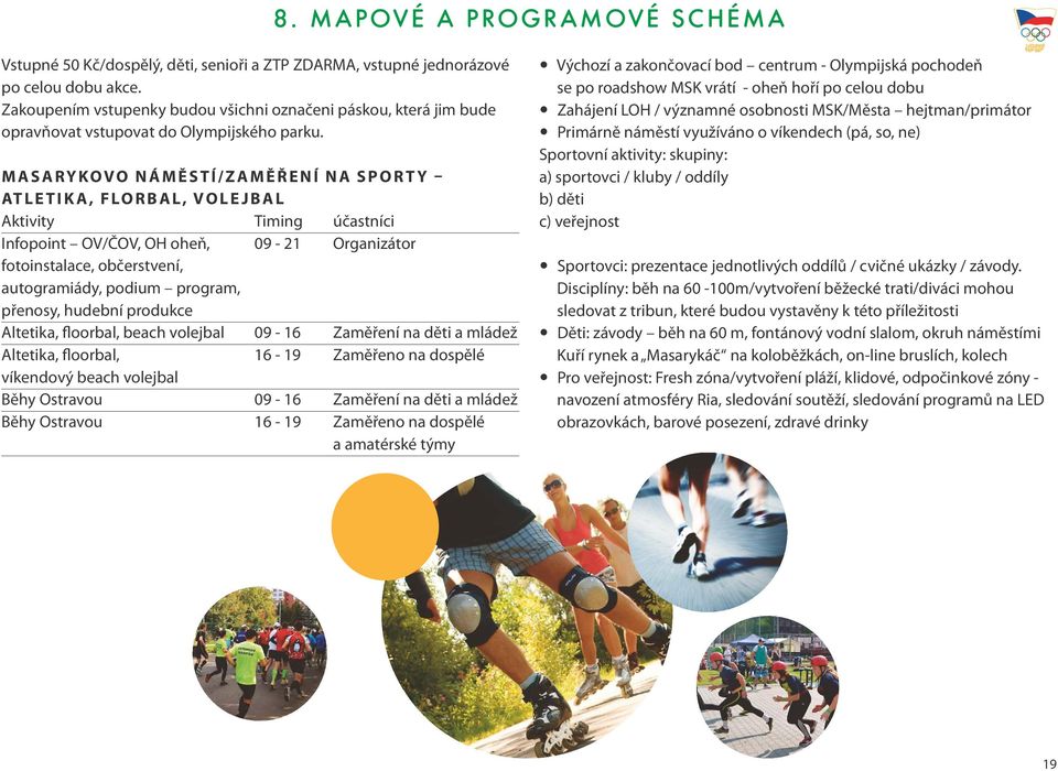 MASARYKOVO NÁMĚSTÍ/ZAMĚŘENÍ NA SPORTY ATLETIKA, FLORBAL, VOLEJBAL Aktivity Timing účastníci Infopoint OV/ČOV, OH oheň, 09-21 Organizátor fotoinstalace, občerstvení, autogramiády, podium program,