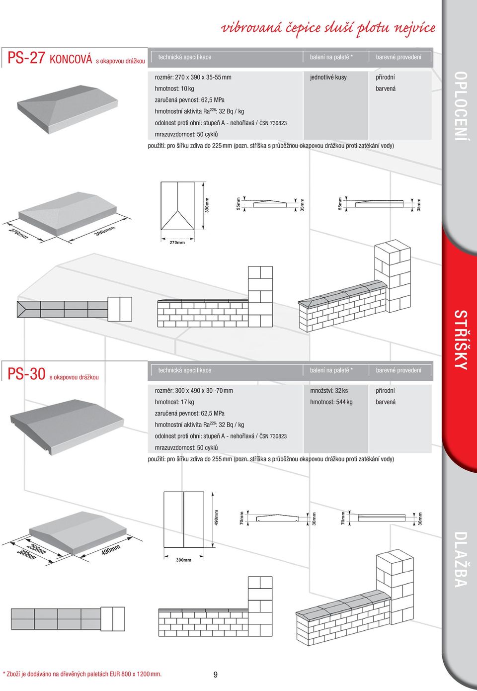 stříška s průběžnou okapovou drážkou proti zatékání vody) PS-30 s okapovou drážkou rozměr: 300 x 490 x 30-70 množství: 32 ks přírodní hmotnost: 17 kg