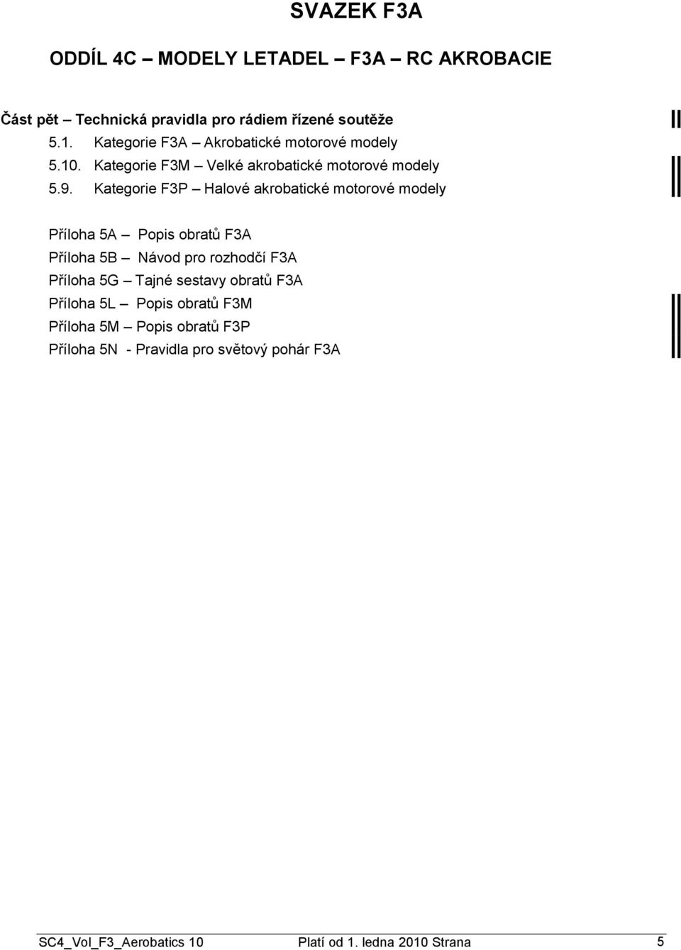 Kategorie F3P Halové akrobatické motorové modely Příloha 5A Popis obratů F3A Příloha 5B Návod pro rozhodčí F3A Příloha 5G Tajné