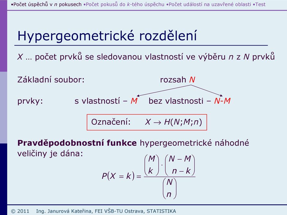 bez vlastnosti N-M Označení: X H(N;M;n) Pravděpodobnostní funkce