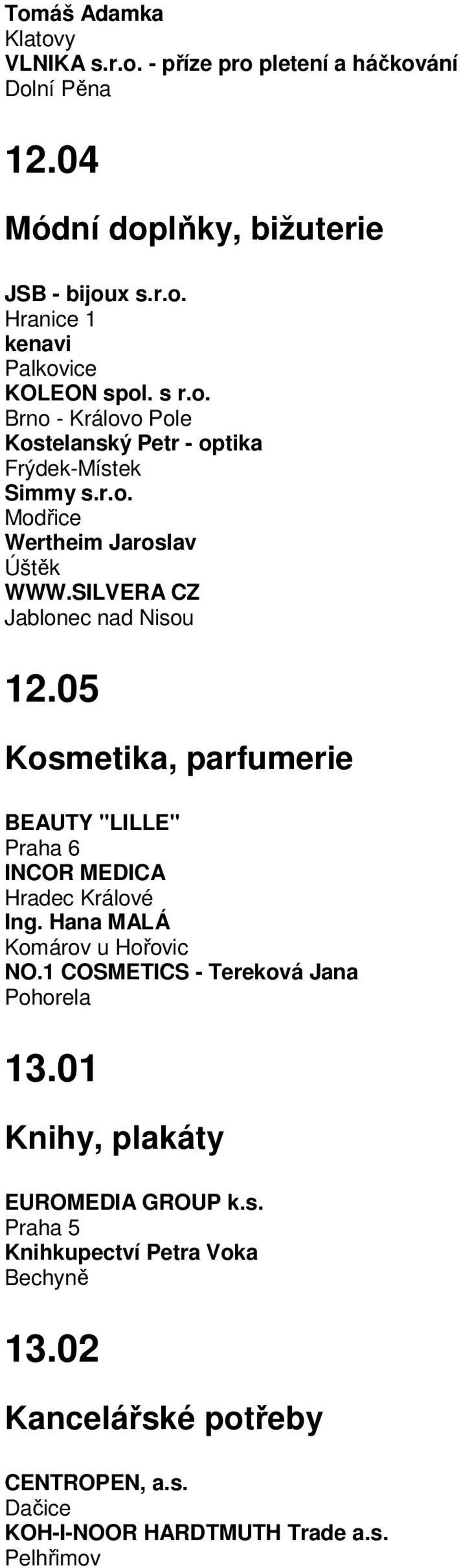 05 Kosmetika, parfumerie BEAUTY "LILLE" Praha 6 INCOR MEDICA Hradec Králové Ing. Hana MALÁ Komárov u Hořovic NO.1 COSMETICS - Tereková Jana Pohorela 13.