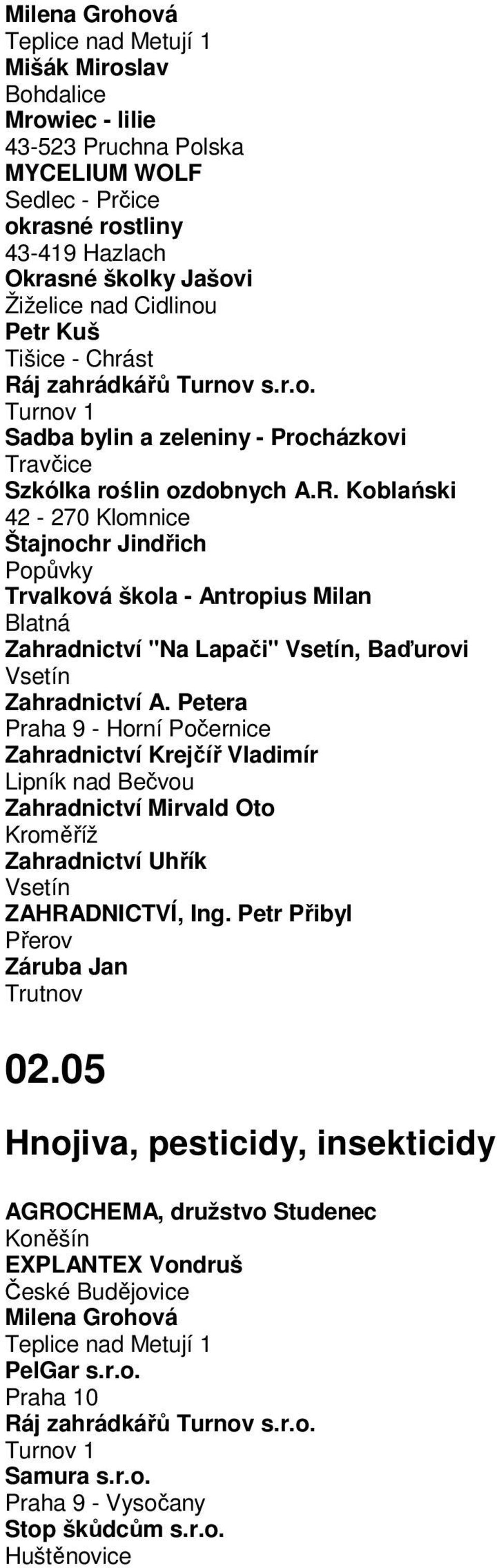 Petera Praha 9 - Horní Počernice Zahradnictví Krejčíř Vladimír Lipník nad Bečvou Zahradnictví Mirvald Oto Kroměříž Zahradnictví Uhřík Vsetín ZAHRADNICTVÍ, Ing.