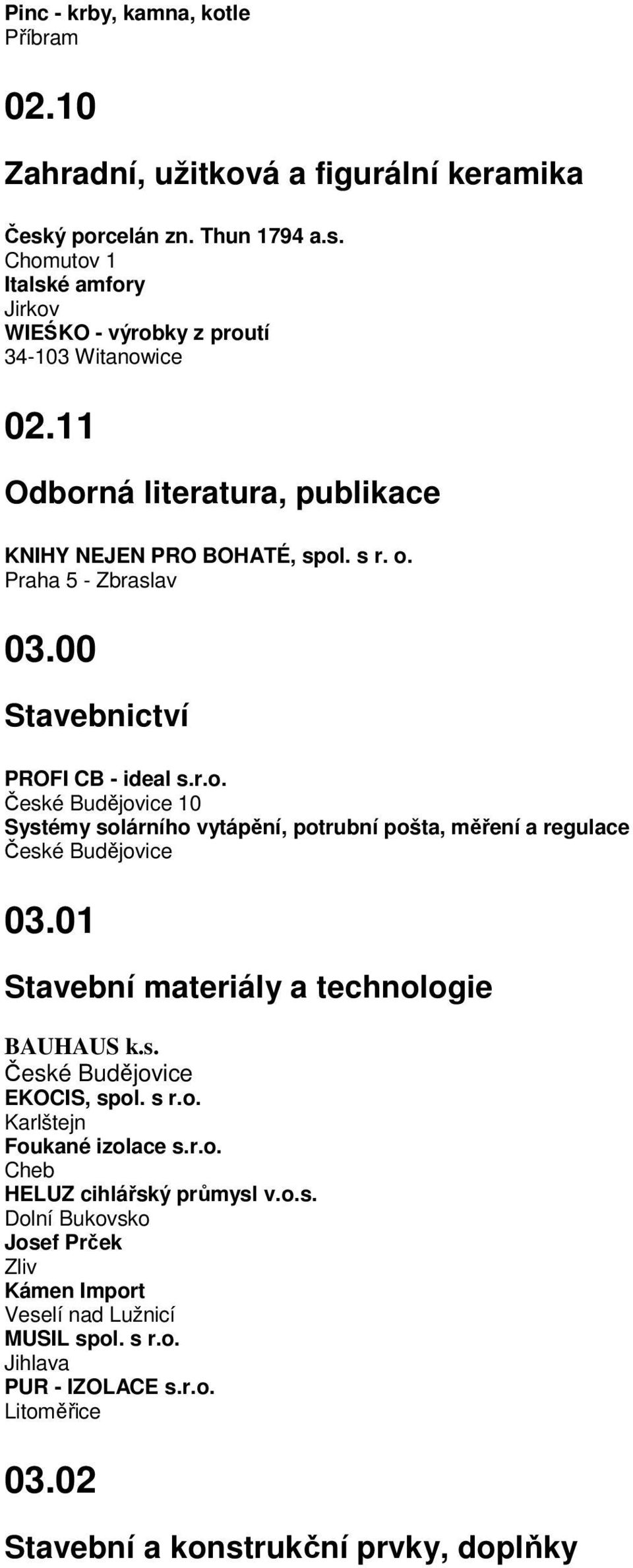 01 Stavební materiály a technologie BAUHAUS k.s. EKOCIS, spol. s r.o. Karlštejn Foukané izolace s.r.o. Cheb HELUZ cihlářský průmysl v.o.s. Dolní Bukovsko Josef Prček Zliv Kámen Import Veselí nad Lužnicí MUSIL spol.