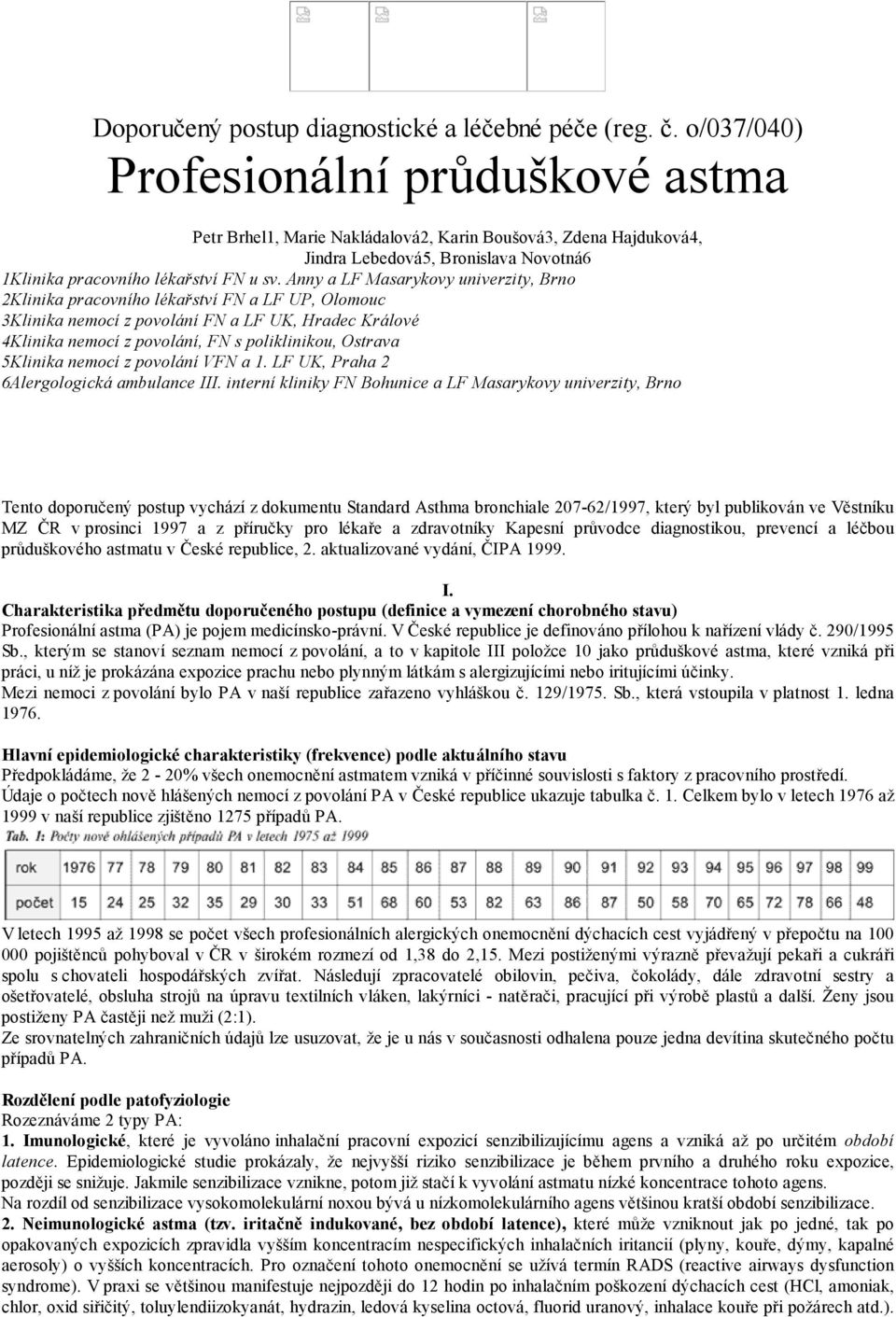 Anny a LF Masarykovy univerzity, Brno 2Klinika pracovního lékařství FN a LF UP, Olomouc 3Klinika nemocí z povolání FN a LF UK, Hradec Králové 4Klinika nemocí z povolání, FN s poliklinikou, Ostrava