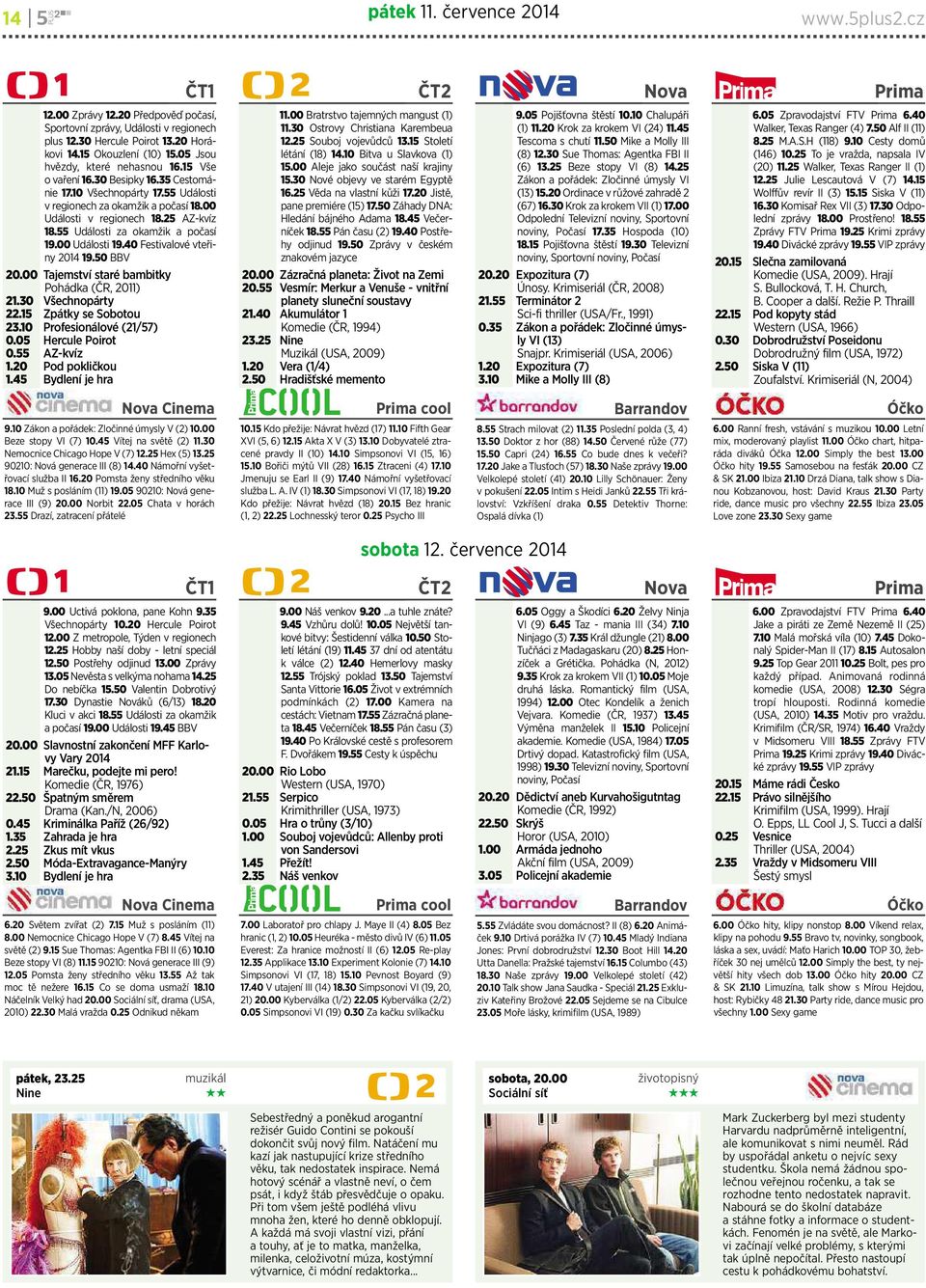 55 Události zaokamžik apočasí 19.00 Události 19.40 Festivalové vteřiny 2014 19.50 BBV 20.00 Tajemství starébambitky Pohádka(ČR, 2011) 21.30 Všechnopárty 22.15 ZpátkyseSobotou 23.