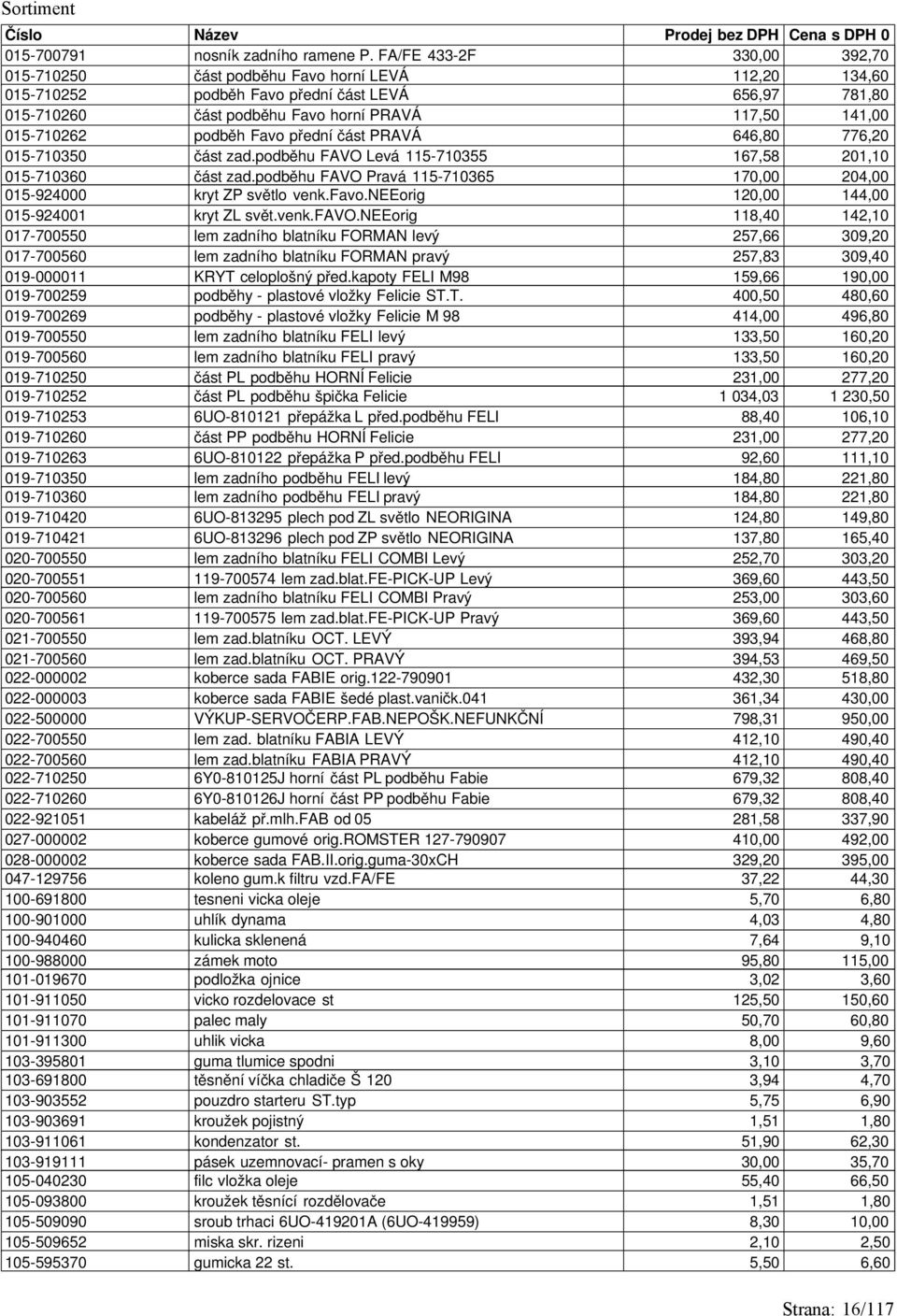 015-710262 podběh Favo přední část PRAVÁ 646,80 776,20 015-710350 část zad.podběhu FAVO Levá 115-710355 167,58 201,10 015-710360 část zad.