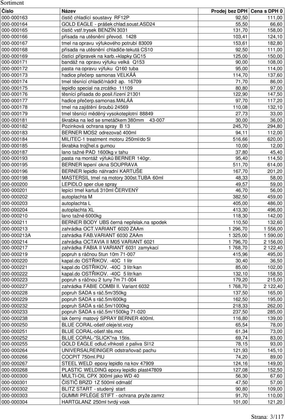 1428 103,41 124,10 000-000167 tmel na opravu výfukového potrubí 83009 153,61 182,80 000-000168 přísada na utěsnění chladiče-tekutá CS10 92,50 111,00 000-000169 čistící přípravek na karb.