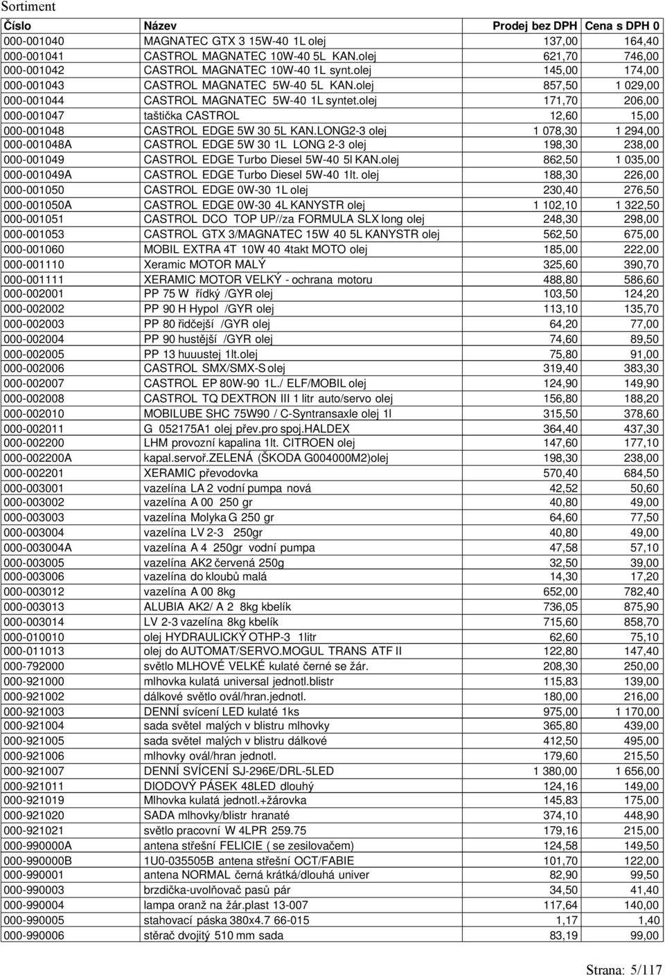 olej 171,70 206,00 000-001047 taštička CASTROL 12,60 15,00 000-001048 CASTROL EDGE 5W 30 5L KAN.