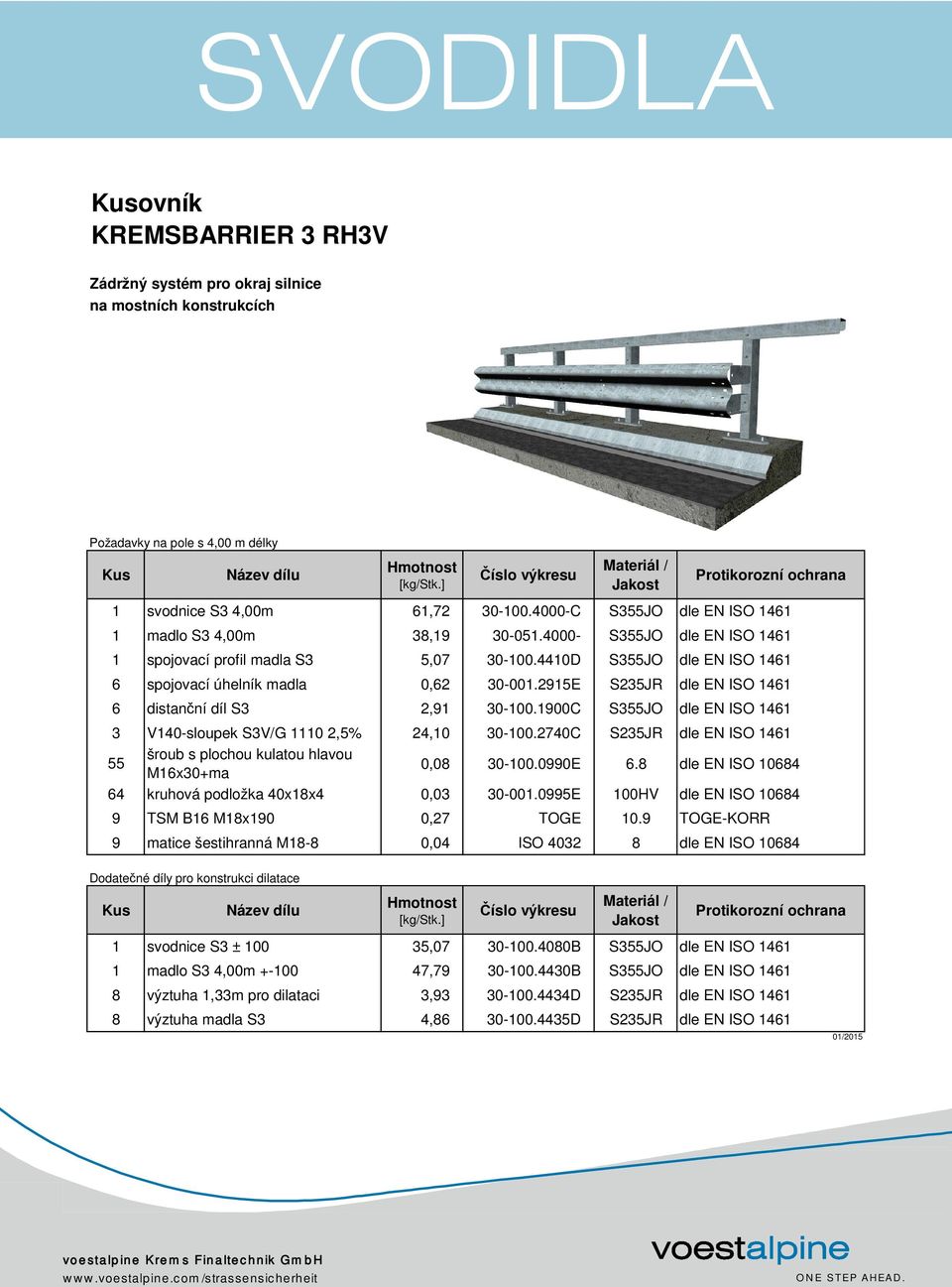 4000- S355JO dle EN ISO 1461 1 spojovací profil madla S3 5,07 30-100.4410D S355JO dle EN ISO 1461 6 spojovací úhelník madla 0,62 30-001.2915E S235JR dle EN ISO 1461 6 distanční díl S3 2,91 30-100.