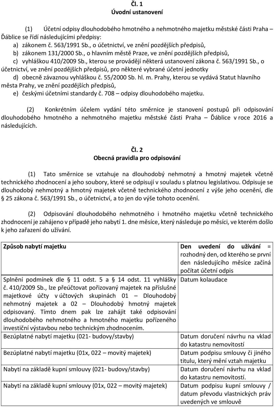 563/1991 Sb., o účetnictví, ve znění pozdějších předpisů, pro některé vybrané účetní jednotky d) obecně závaznou vyhláškou č. 55/2000 Sb. hl. m.