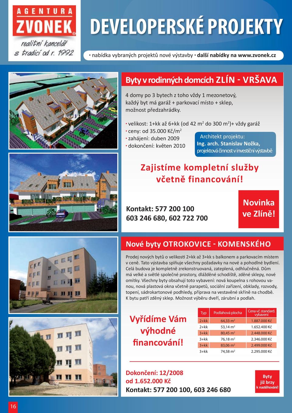 velikost: 1+kk až 6+kk (od 42 m 2 do 300 m 2 )+ vždy garáž ceny: od 35.000 Kč/m 2 zahájení: duben 2009 Architekt projektu: dokončení: květen 2010 Ing. arch.