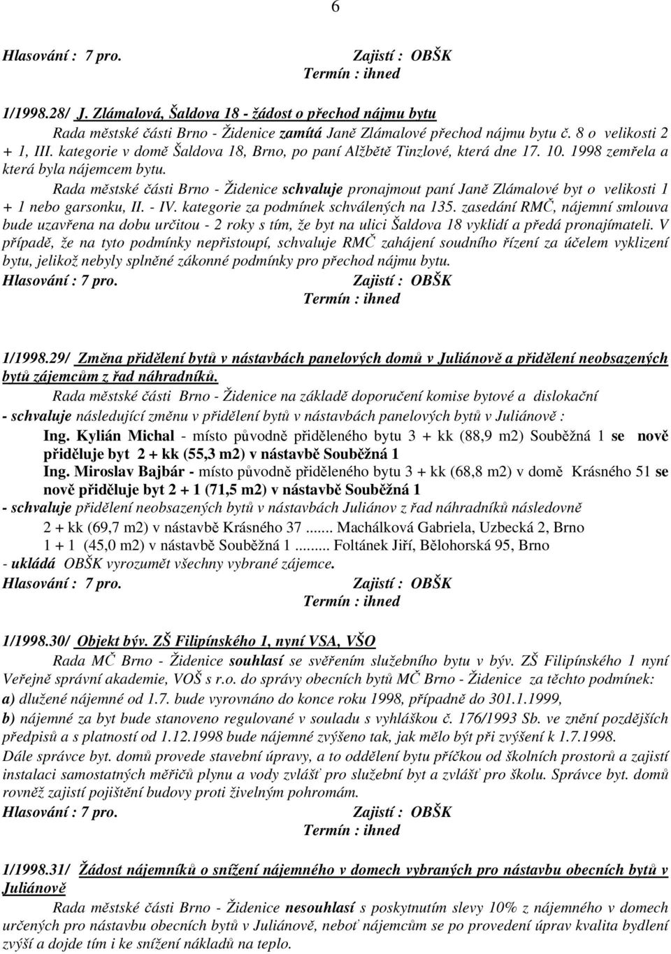 Rada městské části Brno - Židenice schvaluje pronajmout paní Janě Zlámalové byt o velikosti 1 + 1 nebo garsonku, II. - IV. kategorie za podmínek schválených na 135.