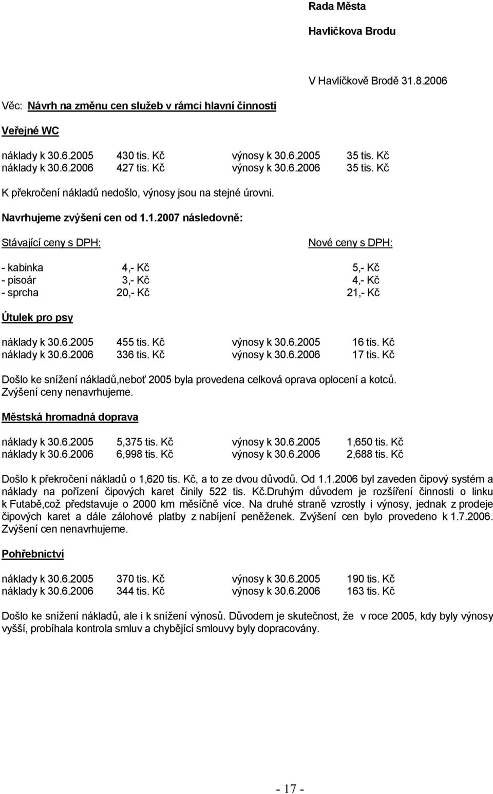 1.2007 následovně: Stávající ceny s DPH: Nové ceny s DPH: - kabinka 4,- Kč 5,- Kč - pisoár 3,- Kč 4,- Kč - sprcha 20,- Kč 21,- Kč Útulek pro psy náklady k 30.6.2005 455 tis. Kč výnosy k 30.6.2005 16 tis.