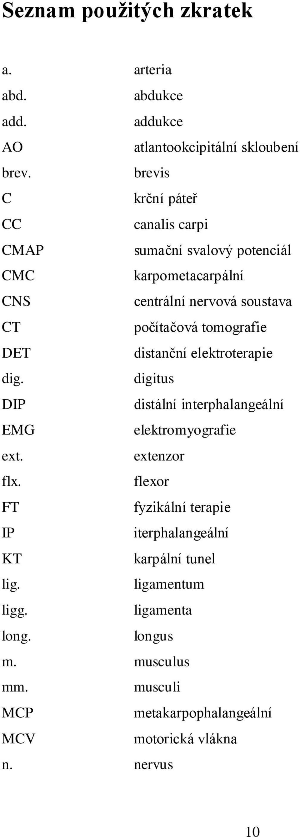 tomografie DET distanční elektroterapie dig. digitus DIP distální interphalangeální EMG elektromyografie ext. extenzor flx.