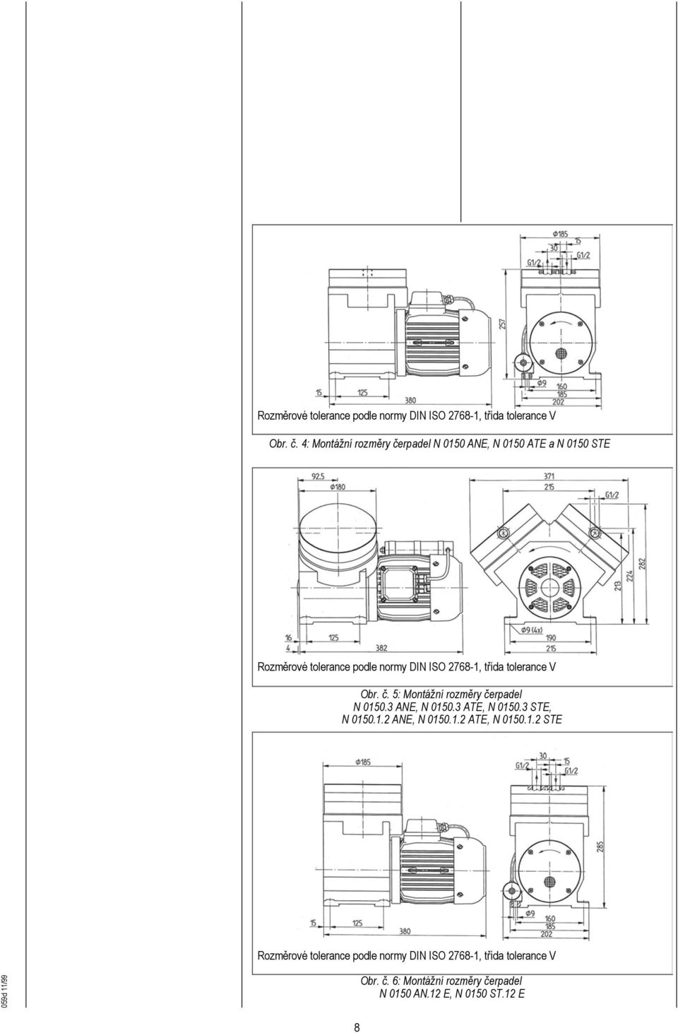 3 ATE, N 0150.3 STE, N 0150.1.2 ANE, N 0150.1.2 ATE, N 0150.1.2 STE  6: Montážní rozměry čerpadel N 0150 AN.