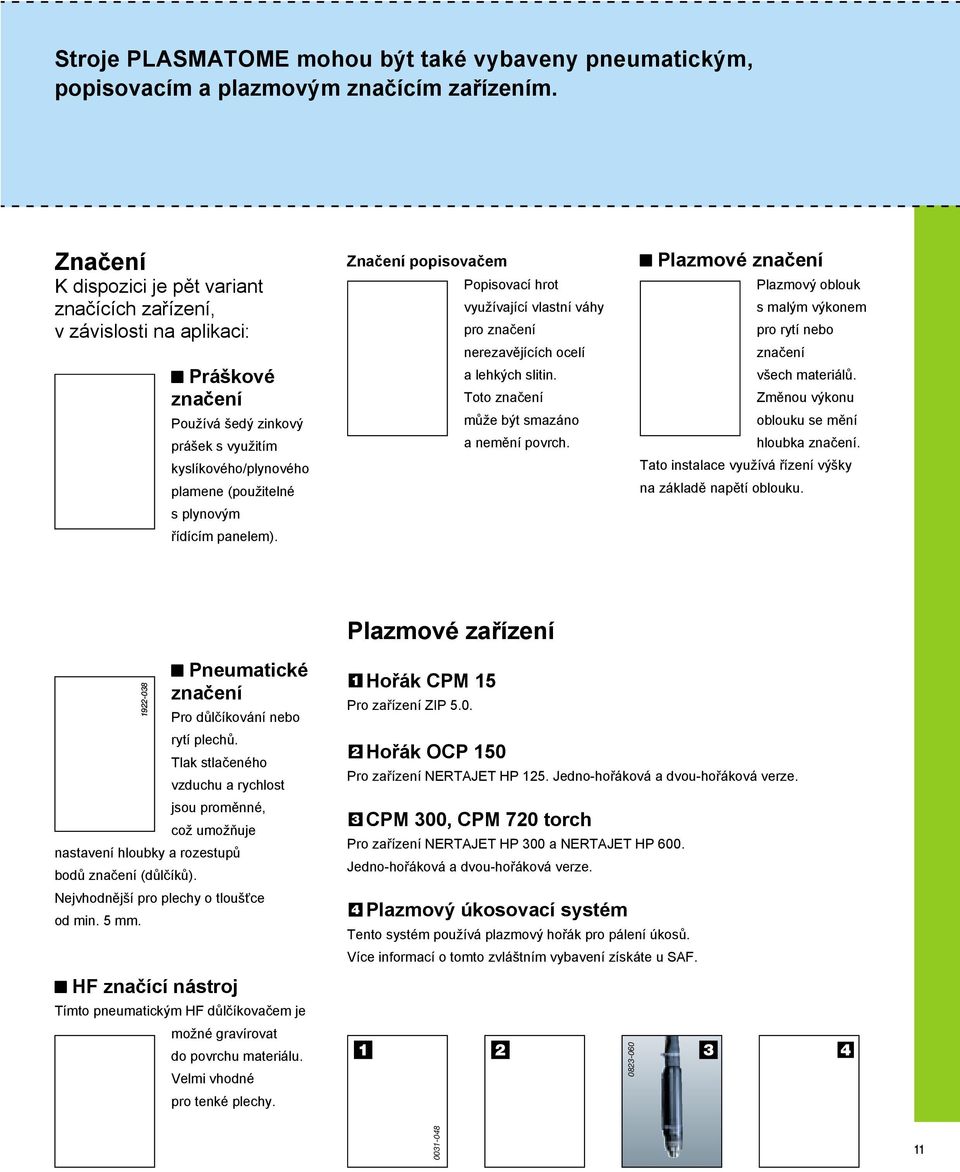 (použitelné s plynovým řídícím panelem). Pneumatické značení Pro důlčíkování nebo rytí plechů.