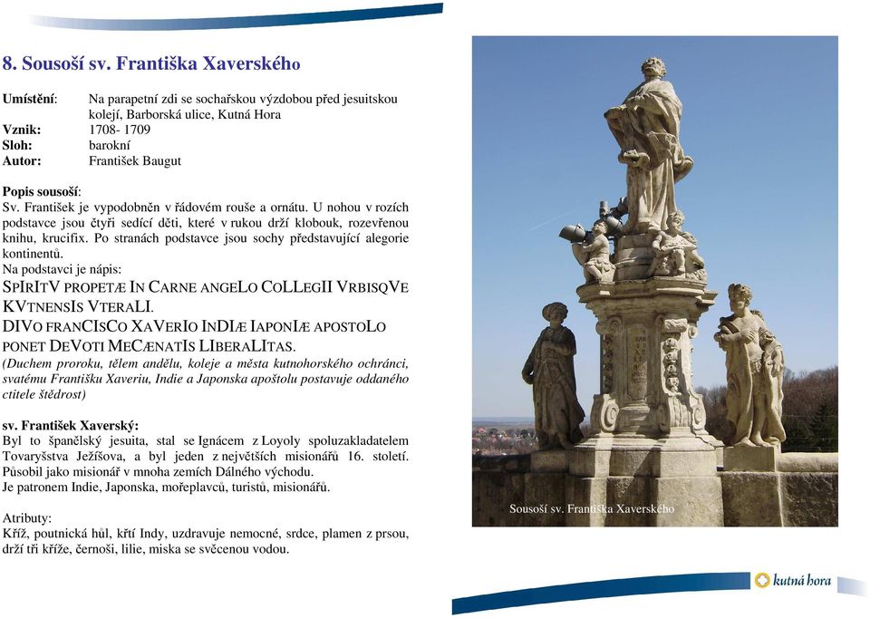 František je vypodobněn v řádovém rouše a ornátu. U nohou v rozích podstavce jsou čtyři sedící děti, které v rukou drží klobouk, rozevřenou knihu, krucifix.