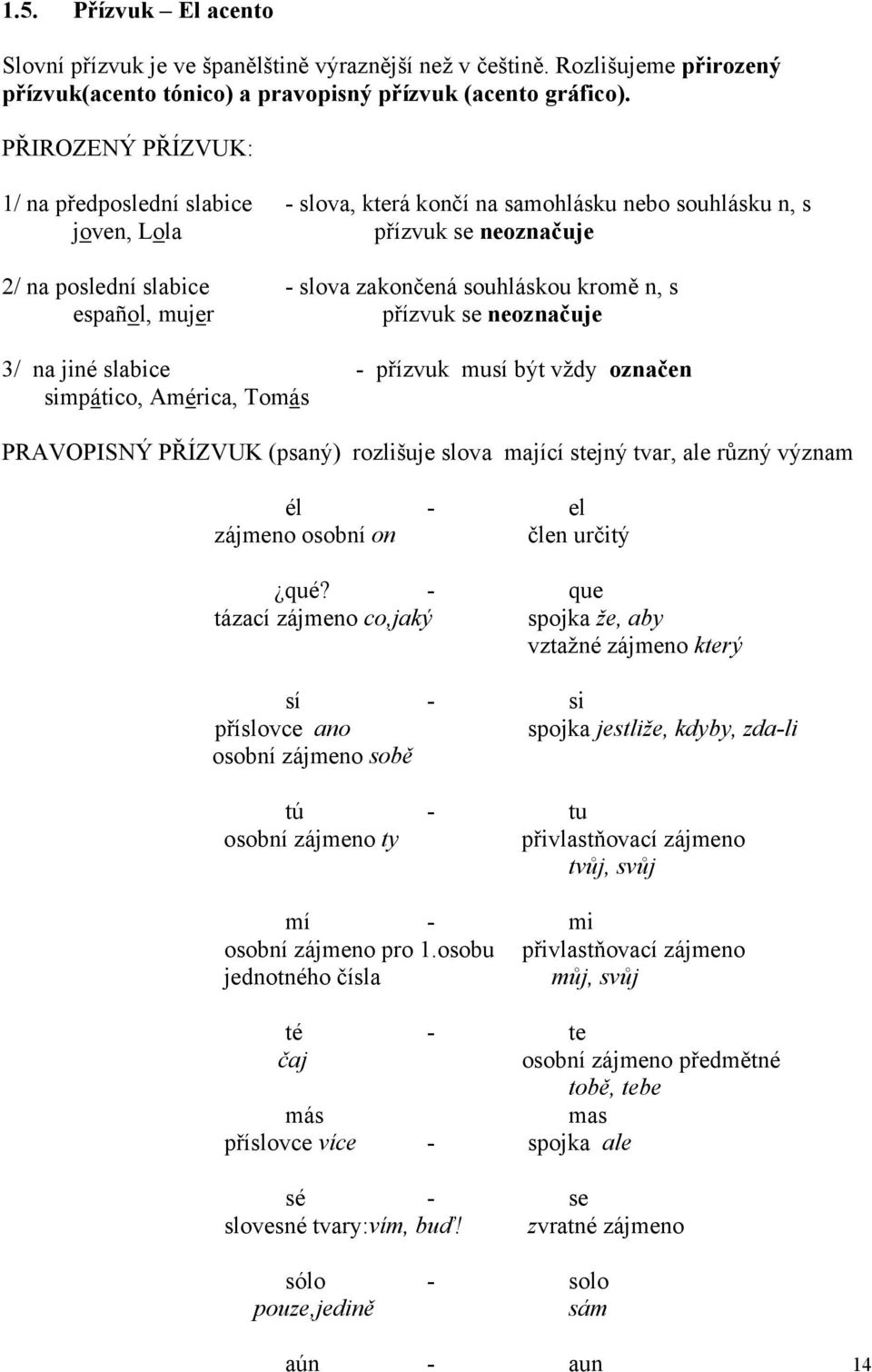 español, mujer přízvuk se neoznačuje 3/ na jiné slabice - přízvuk musí být vždy označen simpático, América, Tomás PRAVOPISNÝ PŘÍZVUK (psaný) rozlišuje slova mající stejný tvar, ale různý význam él -