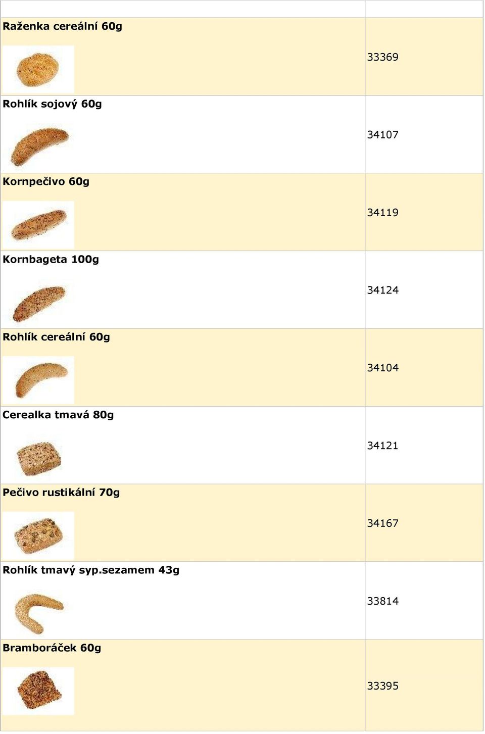 cereální 60g 34104 Cerealka tmavá 80g 34121 Pečivo