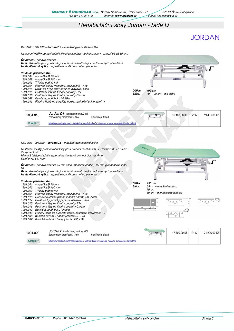 002 + kolečka Ø 100 mm 1901.003 Třídílný podhlavník 1901.004 Fixovací kolíky (ramenní, mezinožní) - 1 ks 1901.014 Držák na hygienický papír za hlavovou částí 1901.