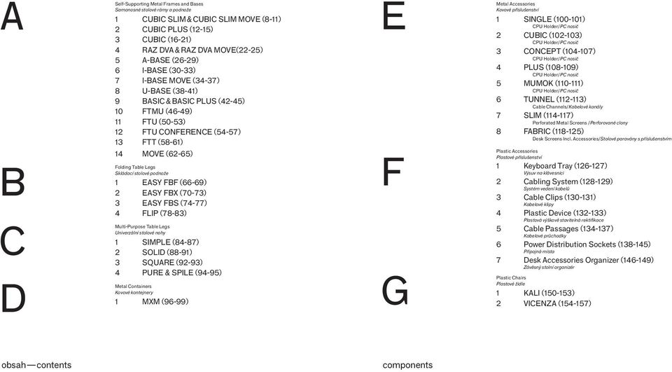 Skládací stolové podnože 1 EASY FBF (66-69) 2 EASY FBX (70-73) 3 EASY FBS (74-77) 4 FLIP (78-83) Multi-Purpose Table Legs Univerzální stolové nohy 1 SIMPLE (84-87) 2 SOLID (88-91) 3 SQUARE (92-93) 4