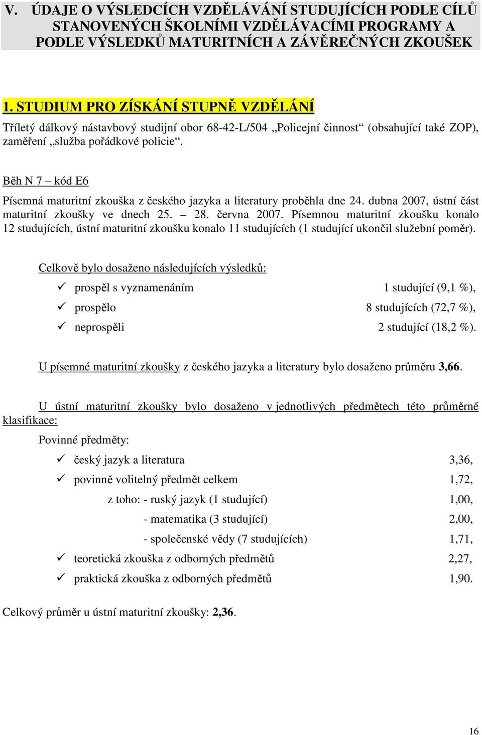 Běh N 7 kód E6 Písemná maturitní zkouška z českého jazyka a literatury proběhla dne 24. dubna 2007, ústní část maturitní zkoušky ve dnech 25. 28. června 2007.