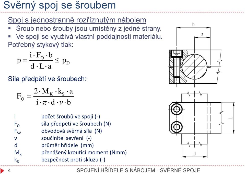 Potřebný stykový tlak: i FO b p pd d L a Síla předpětí ve šroubech: F O M K ks a 2 i π d ν b i počet šroubů ve spoji (-) F O