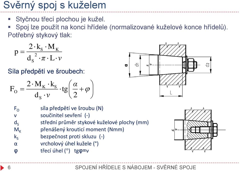 Potřebný stykový tlak: p 2 k 2 ds S M K π L ν Síla předpětí ve šroubech: F O 2 M K ks α tg d ν 2 S F O síla předpětí ve