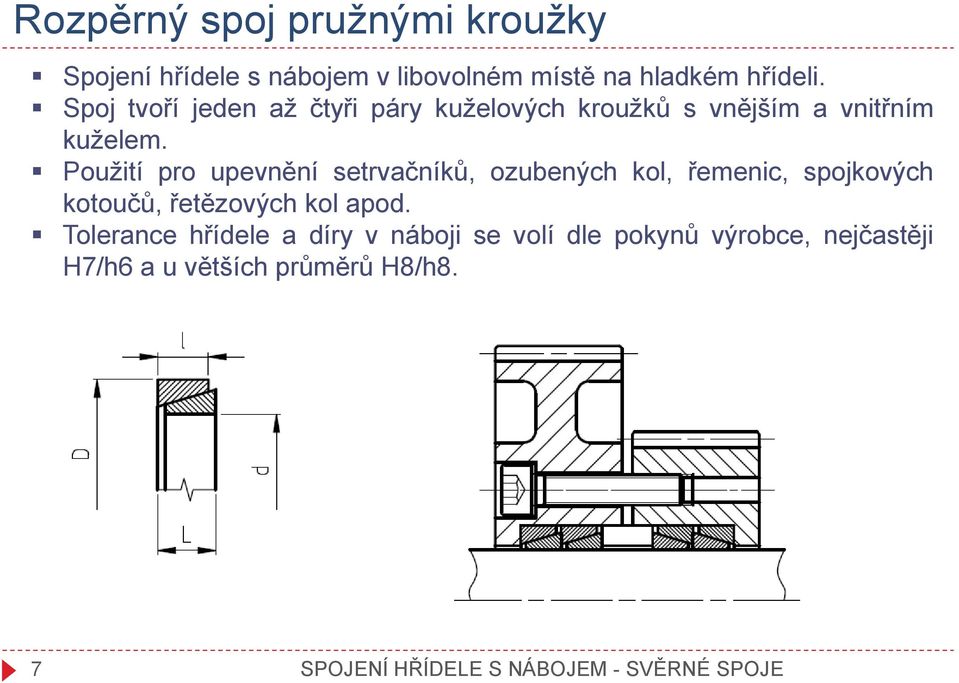 Použití pro upevnění setrvačníků, ozubených kol, řemenic, spojkových kotoučů, řetězových kol apod.