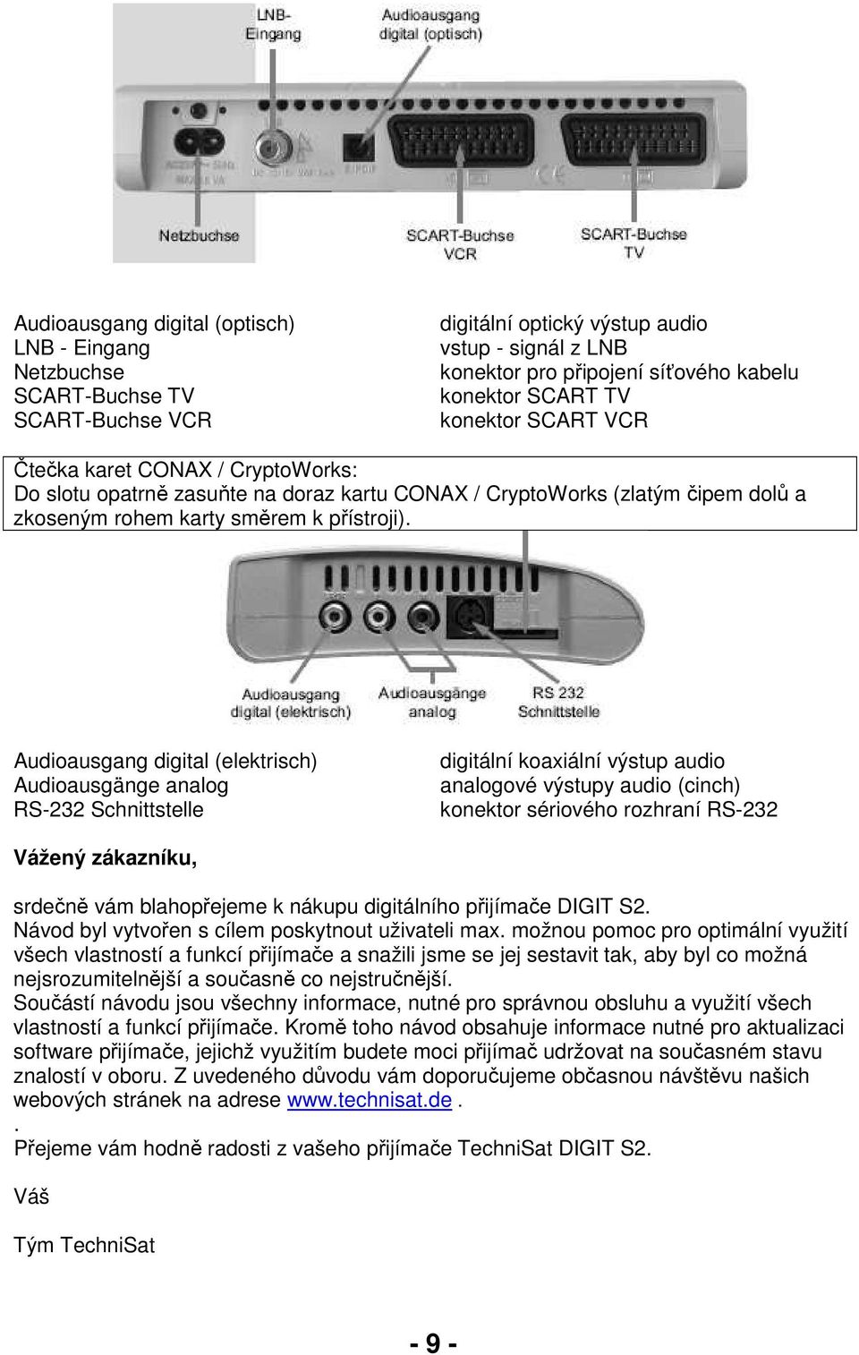 Audioausgang digital (elektrisch) Audioausgänge analog RS-232 Schnittstelle digitální koaxiální výstup audio analogové výstupy audio (cinch) konektor sériového rozhraní RS-232 Vážený zákazníku,