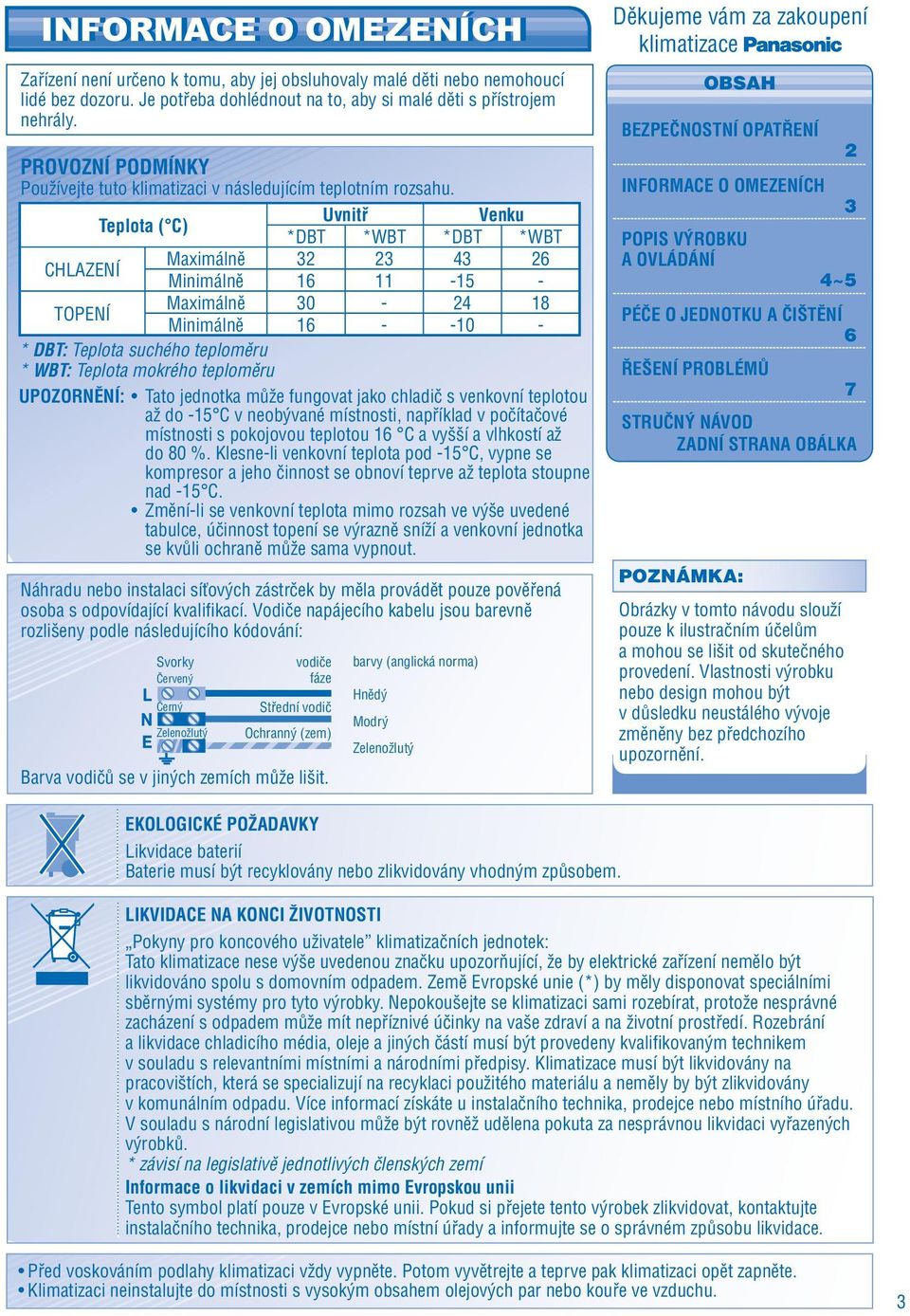 Uvnitř Venku Teplota ( C) *DBT *WBT *DBT *WBT Maximálně 4 6 CHLAZENÍ Minimálně 16 11-15 - Maximálně 0-4 18 TOPENÍ Minimálně 16 - -10 - * DBT: Teplota suchého teploměru * WBT: Teplota mokrého