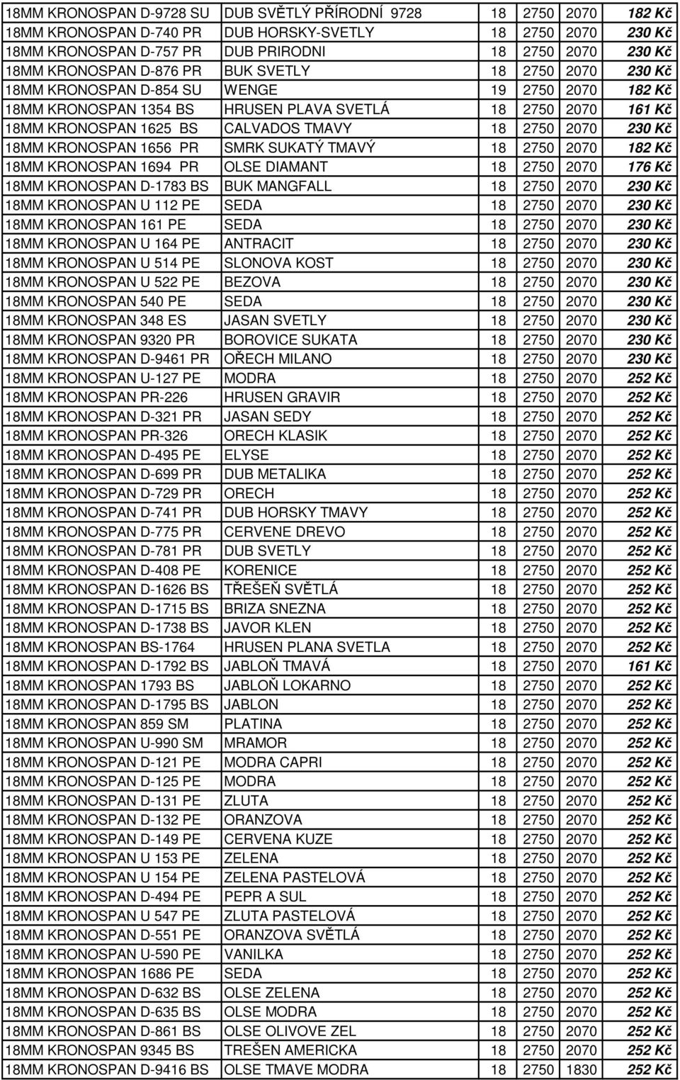 TMAVY 18 2750 2070 230 Kč 18MM KRONOSPAN 1656 PR SMRK SUKATÝ TMAVÝ 18 2750 2070 182 Kč 18MM KRONOSPAN 1694 PR OLSE DIAMANT 18 2750 2070 176 Kč 18MM KRONOSPAN D-1783 BS BUK MANGFALL 18 2750 2070 230