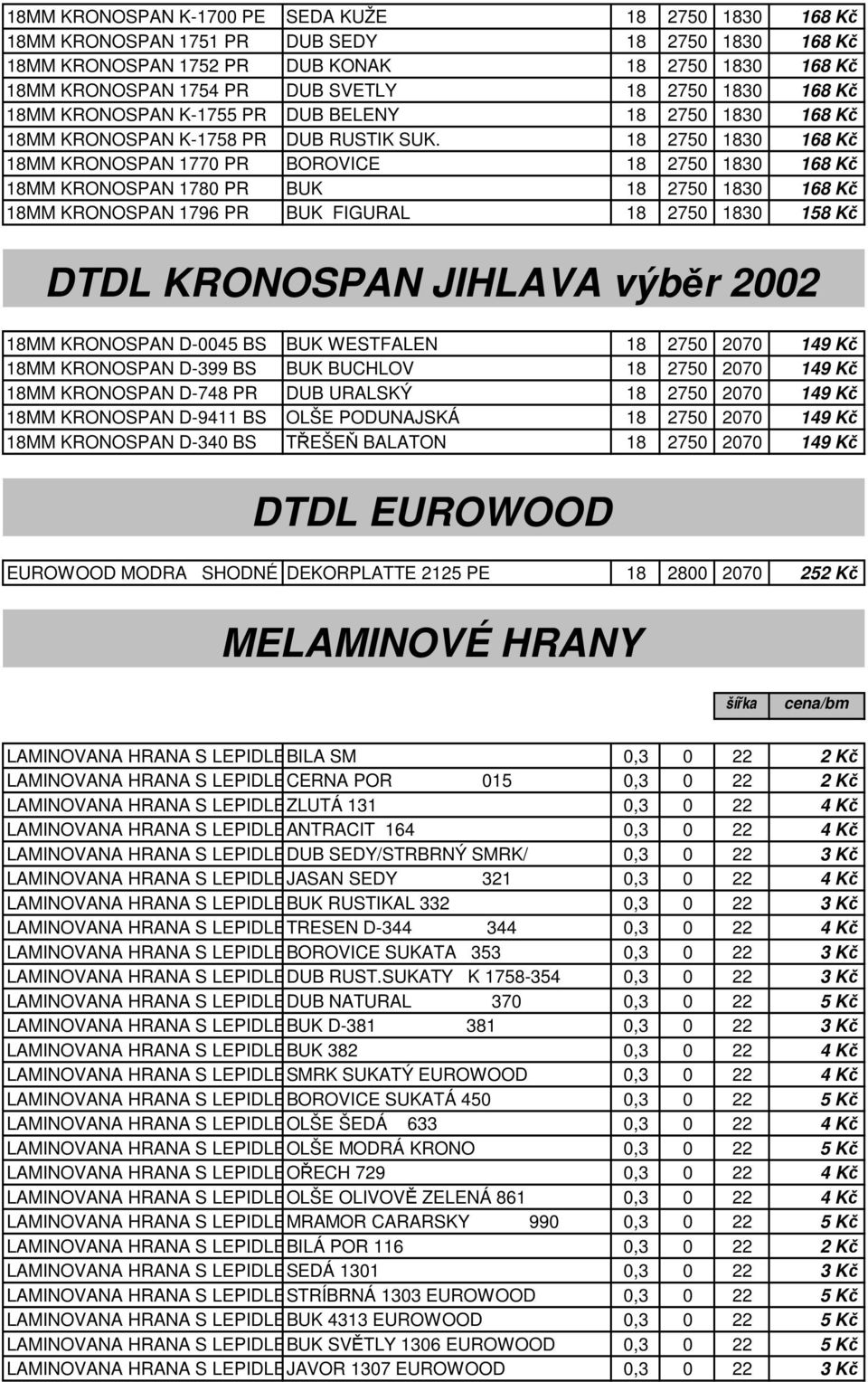 18 2750 1830 168 Kč 18MM KRONOSPAN 1770 PR BOROVICE 18 2750 1830 168 Kč 18MM KRONOSPAN 1780 PR BUK 18 2750 1830 168 Kč 18MM KRONOSPAN 1796 PR BUK FIGURAL 18 2750 1830 158 Kč DTDL KRONOSPAN JIHLAVA