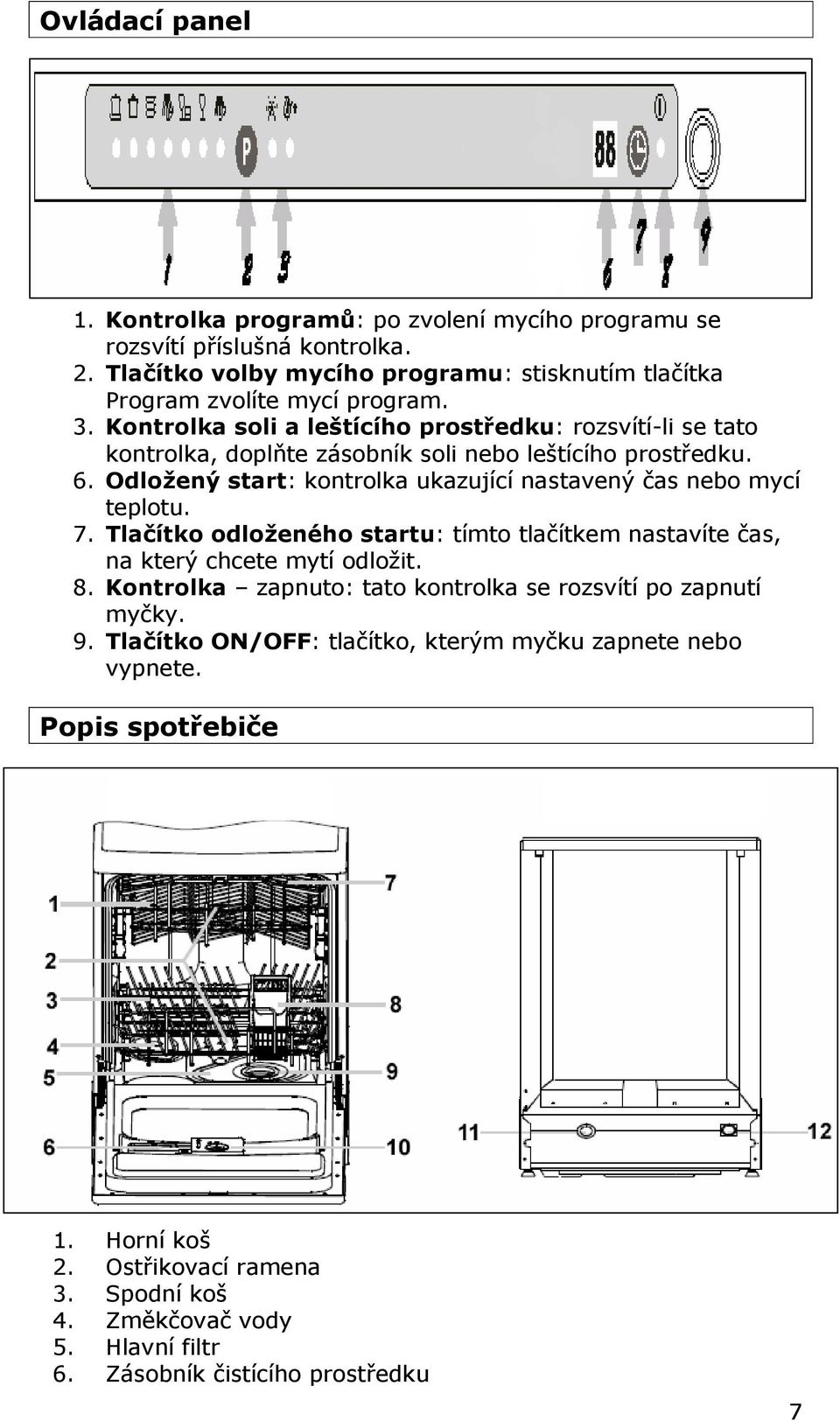 Odložený start: kontrolka ukazující nastavený čas nebo mycí teplotu. 7. Tlačítko odloženého startu: tímto tlačítkem nastavíte čas, na který chcete mytí odložit. 8.