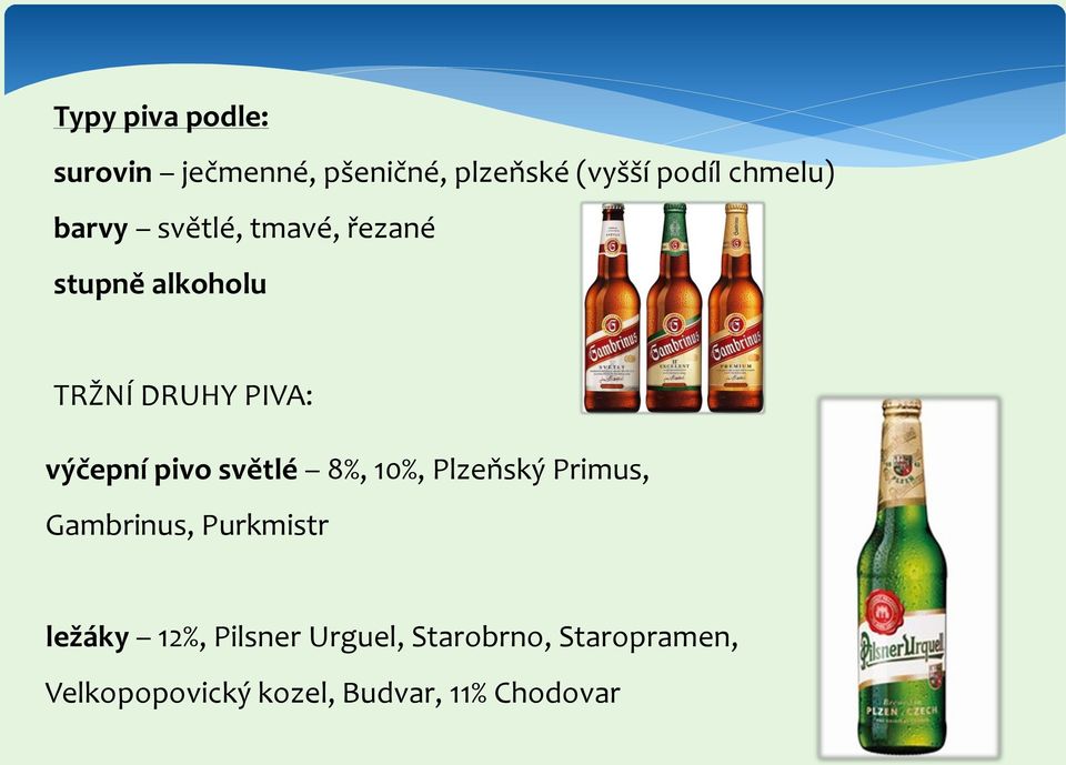 světlé 8%, 10%, Plzeňský Primus, Gambrinus, Purkmistr ležáky 12%, Pilsner