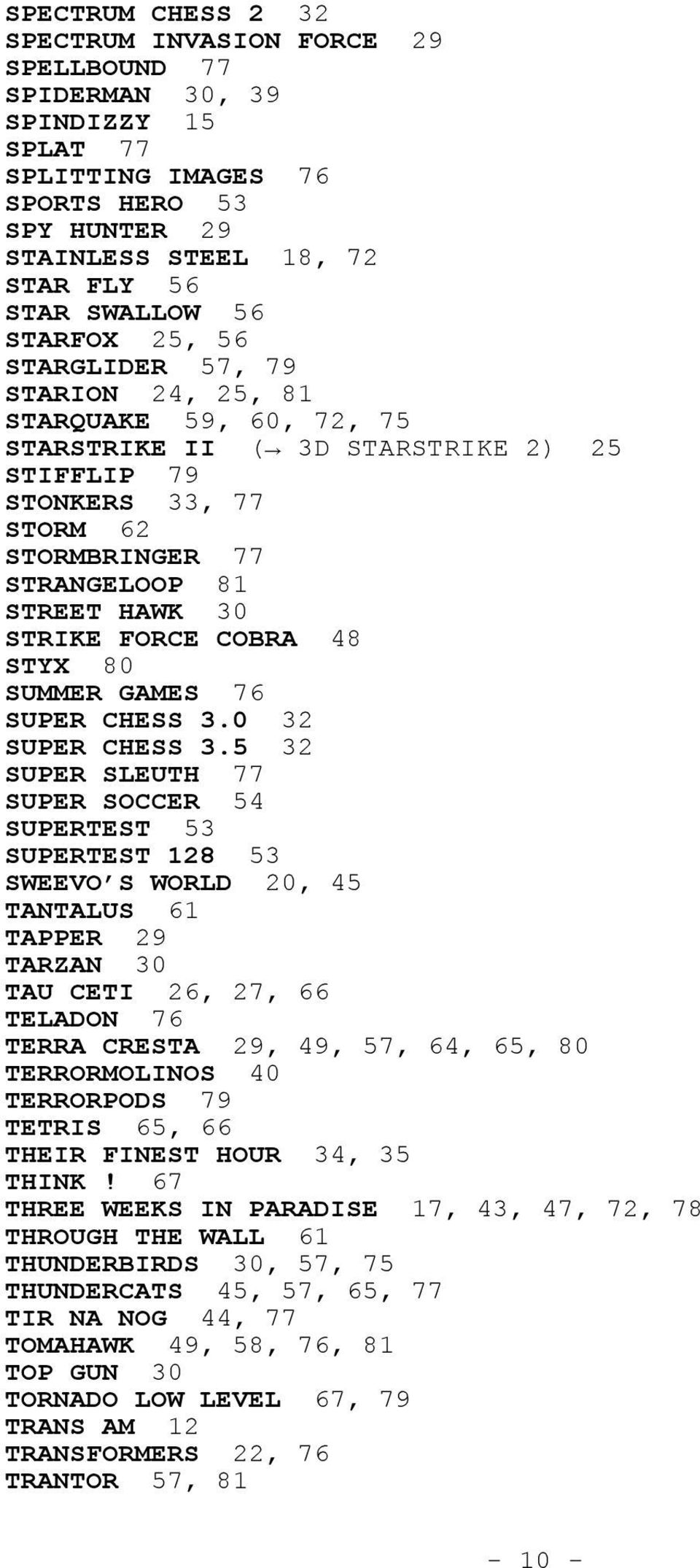 STRIKE FORCE COBRA 48 STYX 80 SUMMER GAMES 76 SUPER CHESS 3.0 32 SUPER CHESS 3.