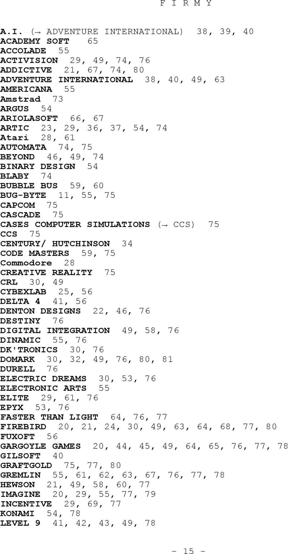 COMPUTER SIMULATIONS ( CCS) 75 CCS 75 CENTURY/ HUTCHINSON 34 CODE MASTERS 59, 75 Commodore 28 CREATIVE REALITY 75 CRL 30, 49 CYBEXLAB 25, 56 DELTA 4 41, 56 DENTON DESIGNS 22, 46, 76 DESTINY 76