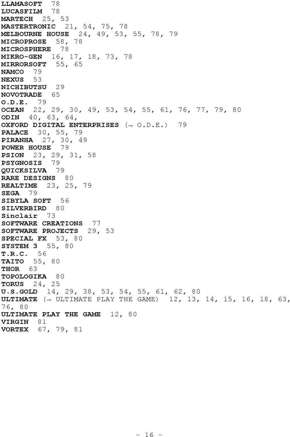 HOUSE 79 PSION 23, 29, 31, 58 PSYGNOSIS 79 QUICKSILVA 79 RARE DESIGNS 80 REALTIME 23, 25, 79 SEGA 79 SIBYLA SOFT 56 SILVERBIRD 80 Sinclair 73 SOFTWARE CREATIONS 77 SOFTWARE PROJECTS 29, 53 SPECIAL FX