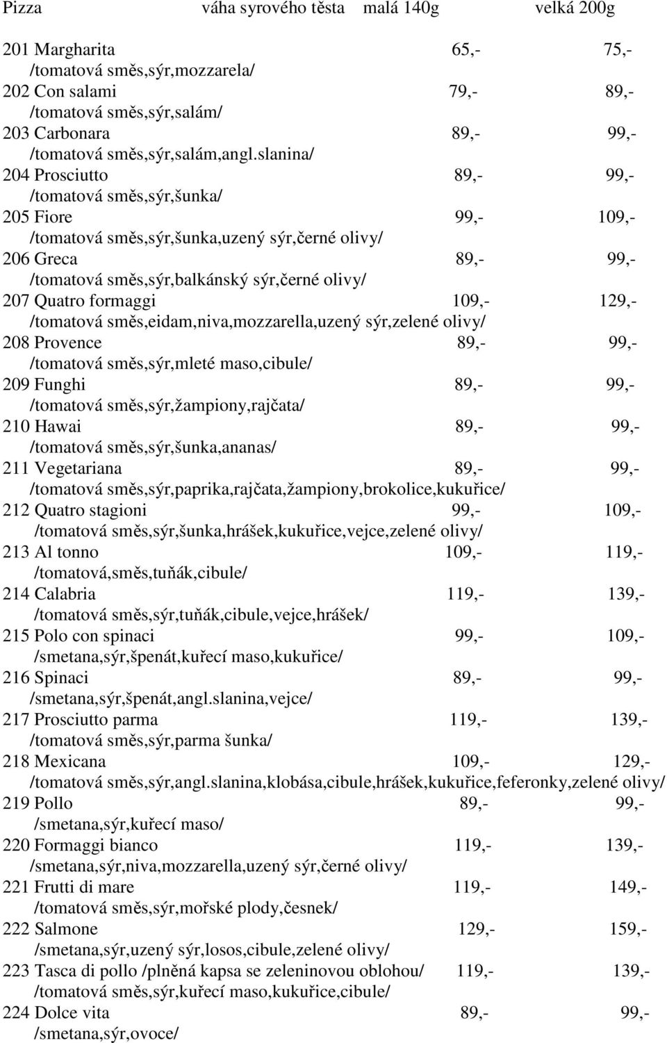 slanina/ 204 Prosciutto 89,- 99,- /tomatová směs,sýr,šunka/ 205 Fiore 99,- 109,- /tomatová směs,sýr,šunka,uzený sýr,černé olivy/ 206 Greca 89,- 99,- /tomatová směs,sýr,balkánský sýr,černé olivy/ 207