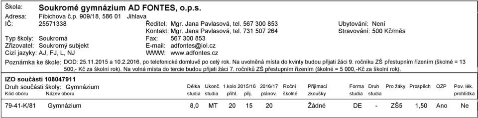 Na uvolněná místa do kvinty budou přijati žáci 9. ročníku ZŠ přestupním řízením (školné = 3, Kč za školní rok). Na volná místa do tercie budou přijati žáci 7.