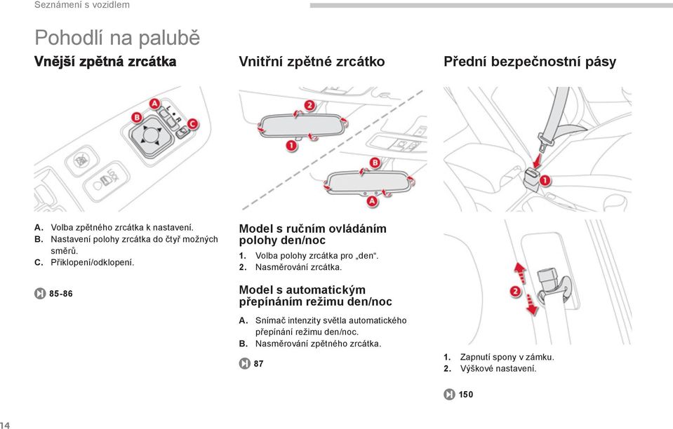 Volba polohy zrcátka pro den. 2. Nasměrování zrcátka. Model s automatickým přepínáním režimu den/noc A.