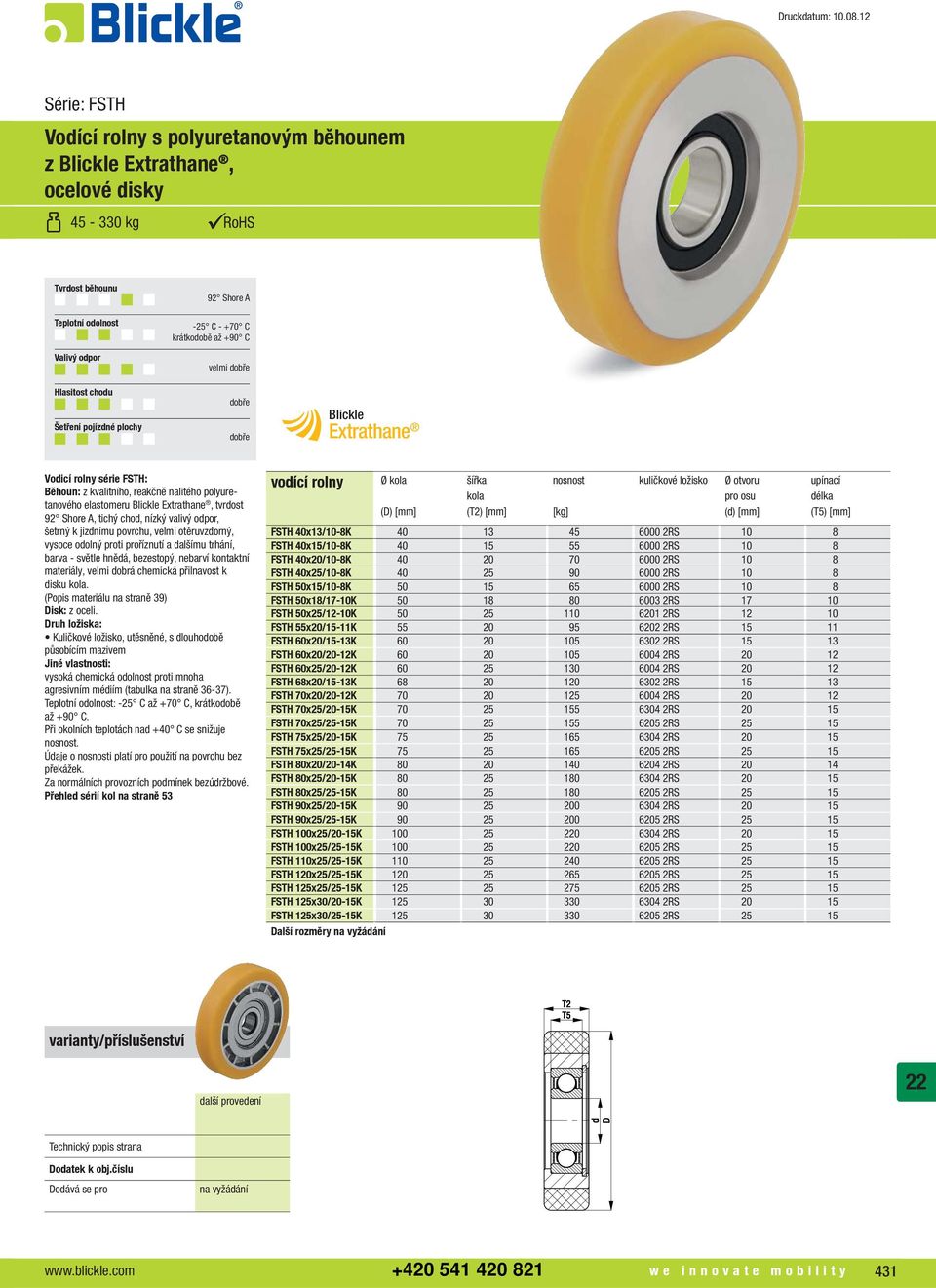 polyuretanového elastomeru Blickle Extrathane, tvrdost, tichý chod, nízký valivý odpor, šetrný k jízdnímu povrchu, velmi otěruvzdorný, vysoce odolný proti proříznutí a dalšímu trhání, barva - světle