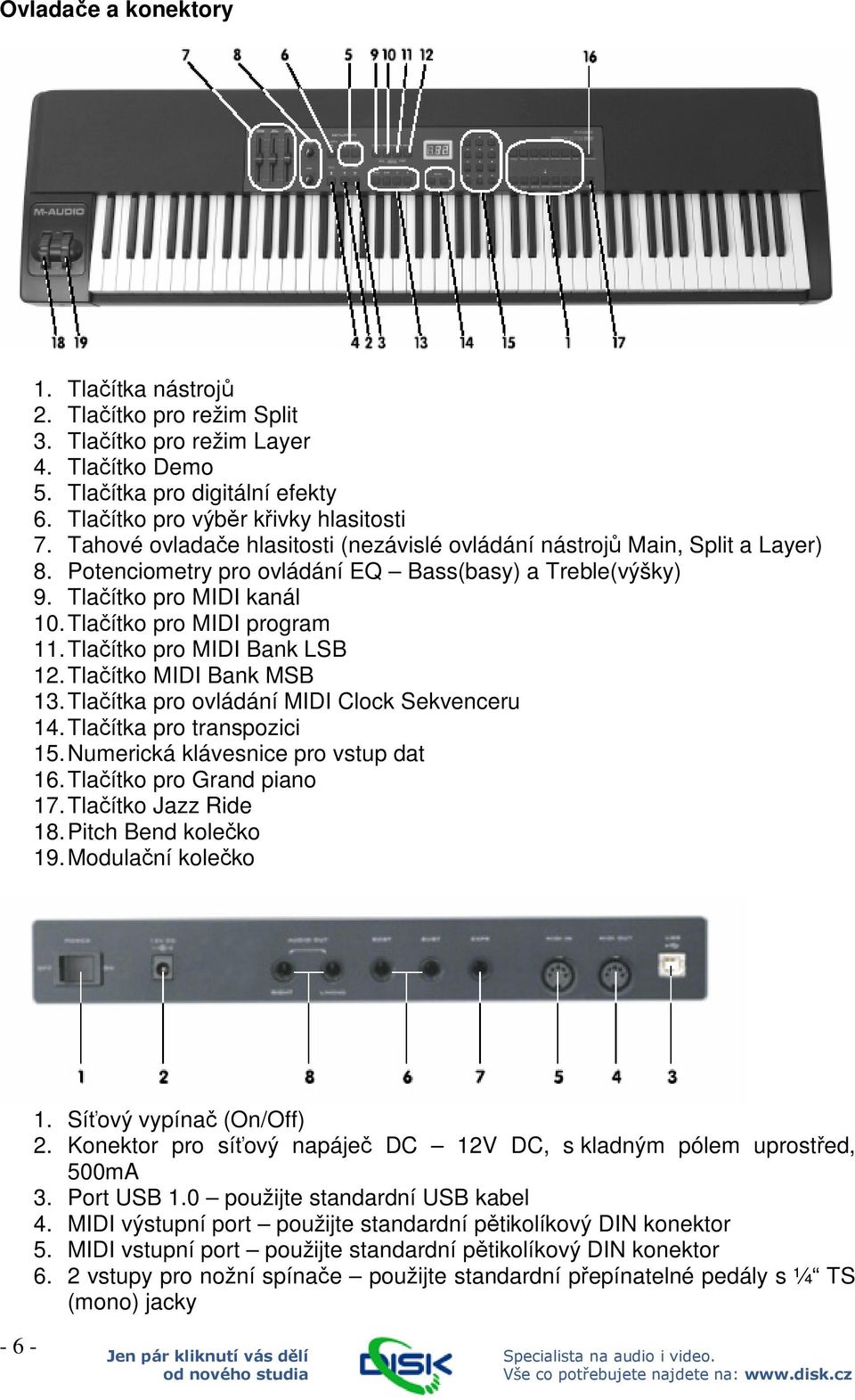 Tlačítko pro MIDI Bank LSB 12. Tlačítko MIDI Bank MSB 13. Tlačítka pro ovládání MIDI Clock Sekvenceru 14. Tlačítka pro transpozici 15. Numerická klávesnice pro vstup dat 16.