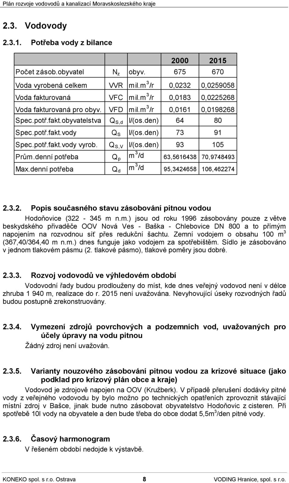 Q S,V I/(os.den) 93 105 Prům.denní potřeba Q p m 3 /d 63,5616438 70,9748493 Max.denní potřeba Q d m 3 /d 95,3424658 106,462274 2.3.2. Popis současného stavu zásobování pitnou vodou Hodoňovice (322-345 m n.