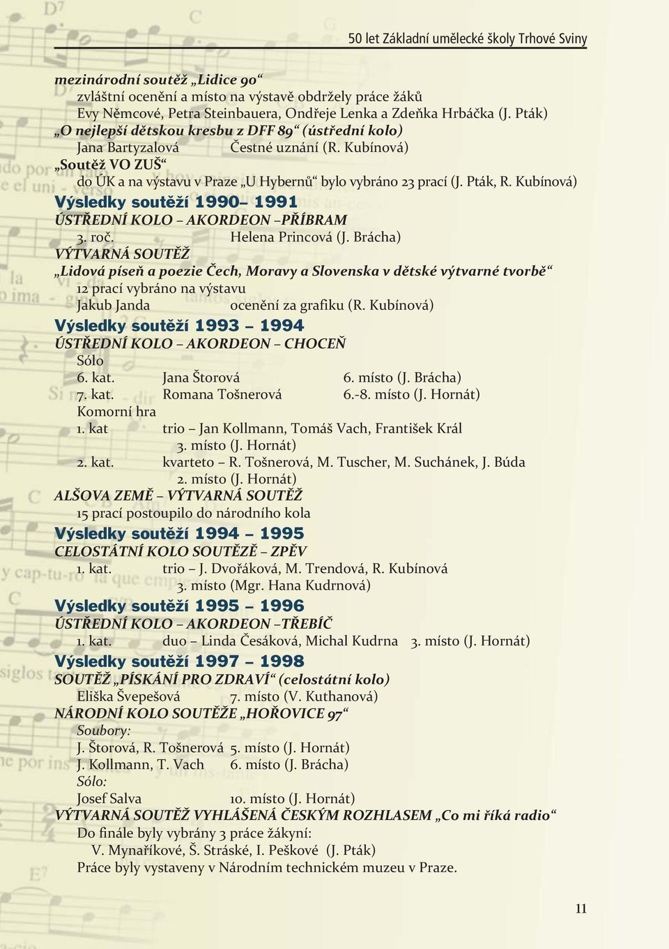 Kubínová) Výsledky soutěží 1990 1991 ÚSTŘEDNÍ KOLO AKORDEON PŘÍBRAM 3. roč. Helena Princová (J.