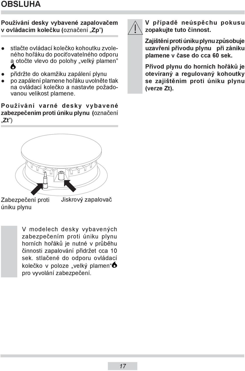 Zajištění proti úniku plynu způsobuje uzavření přívodu plynu při zániku plamene v čase do cca 60 sek.