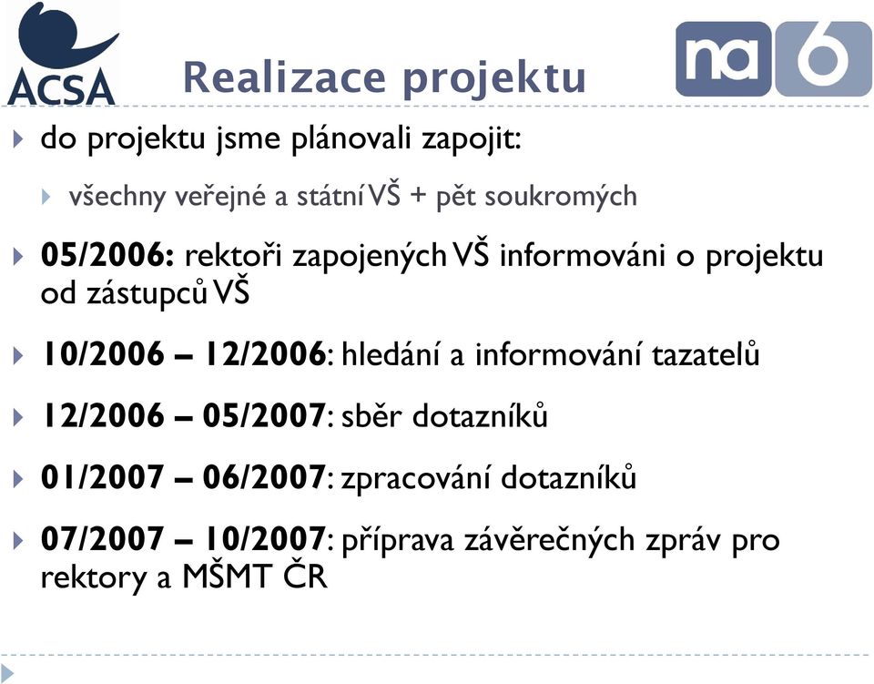 12/2006: hledání a informování tazatelů t 12/2006 05/2007: sběr dotazníků 01/2007 06/2007: