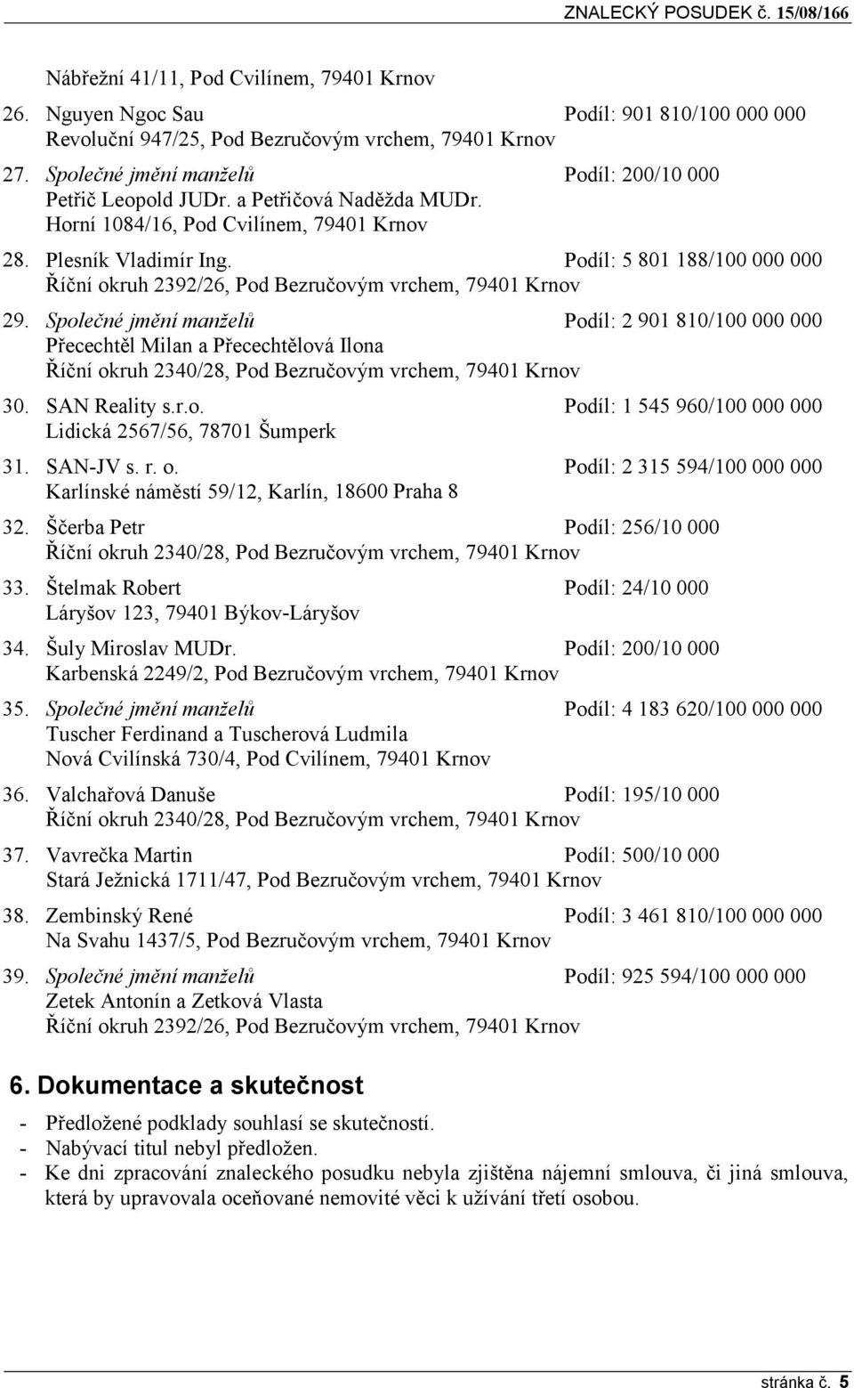 Společné jmění manželů Podíl: 2 901 810/100 000 000 Přecechtěl Milan a Přecechtělová Ilona Říční okruh 2340/28, Pod Bezručovým vrchem, 79401 Krnov 30. SAN Reality s.r.o. Lidická 2567/56, 78701 Šumperk Podíl: 1 545 960/100 000 000 31.