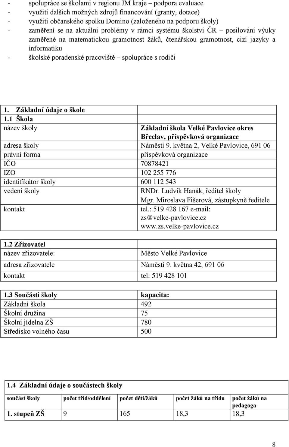 spolupráce s rodiči 1. Základní údaje o škole 1.1 Škola název školy Základní škola Velké Pavlovice okres Břeclav, příspěvková organizace adresa školy Náměstí 9.